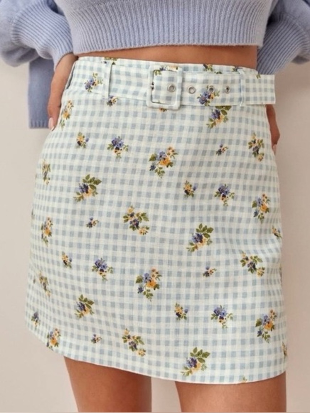 Reformation Apricot Linen Mini Skirt with Belt in Light Blue Gingham Floral